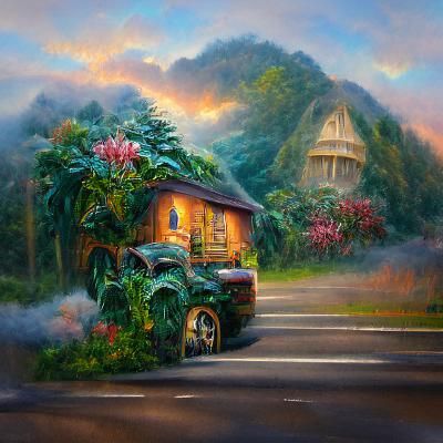 A house on the road with jungle in the background at dawn detailed painting  DSLR Thomas Kinkade trending on Artstation - AI Generated Artwork -  NightCafe Creator