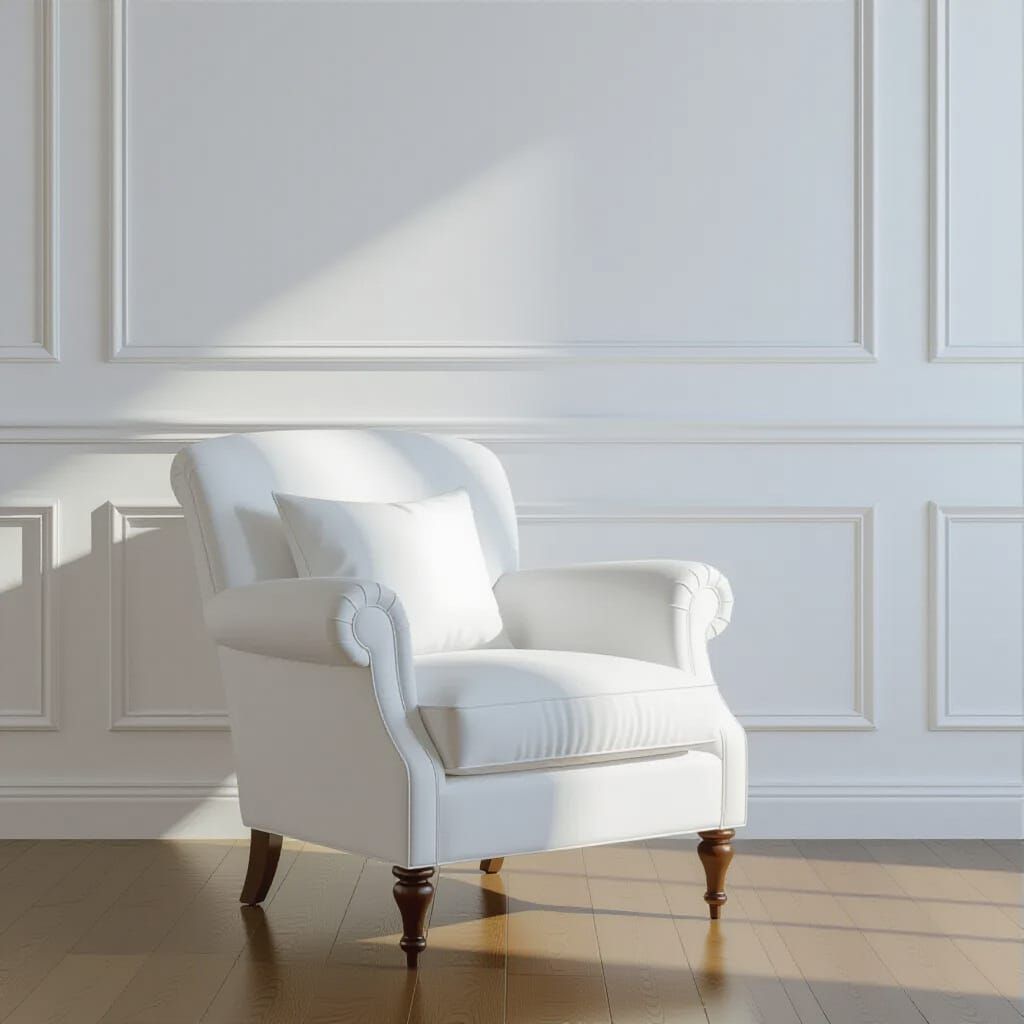  עחדר שיש בו כורסת יחיד  לבנה  על רקע קיר לבן ללא אלמנטים בצבעים נוספים מלבד לבן תמונה רגועה משרה רוגע תמונה באיכות גבוהה מראה מלכותי  