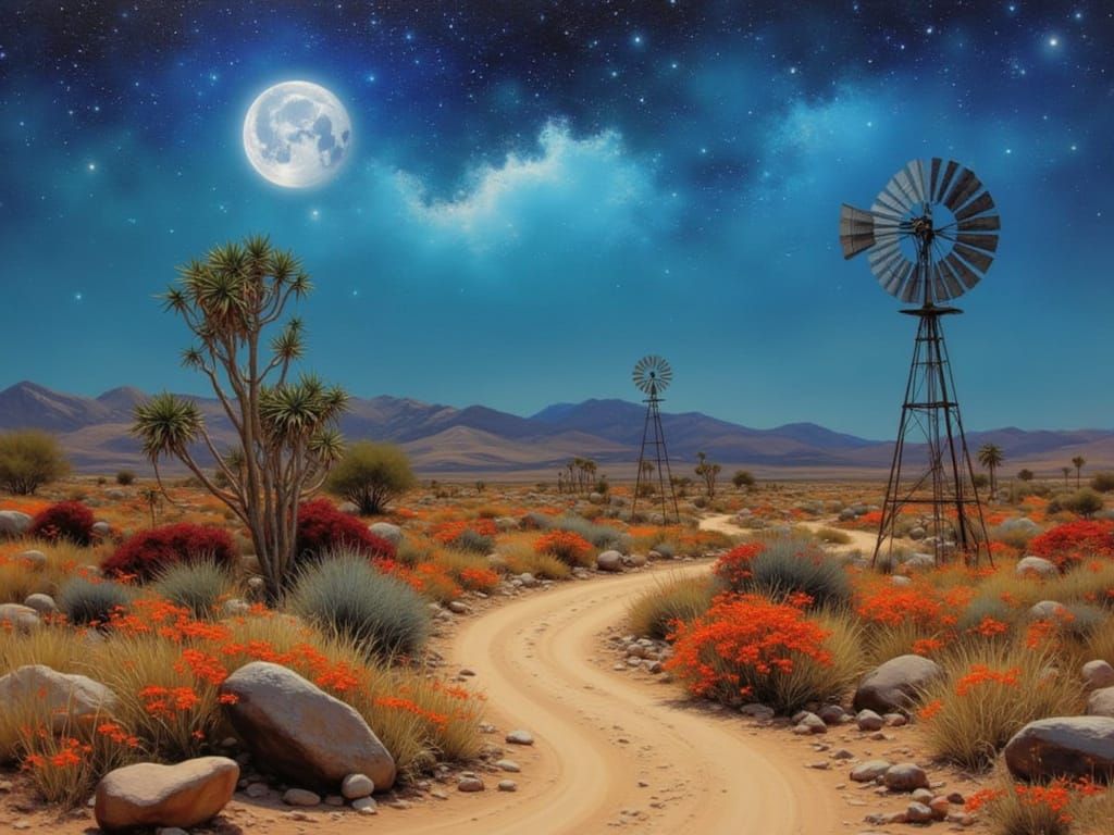 <lora:Africa - Karoo:1.2> Moonlit karoo desert landscape with windmill silhouette by Pino Daeni, Jeremy Mann, Carne Griffiths, 16k resolutio...