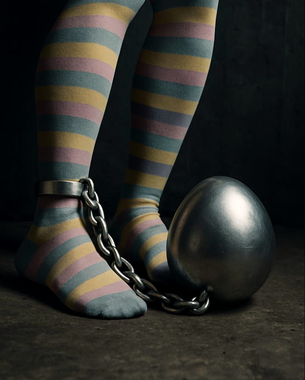 Moody photograph of woman's legs in Easter themed striped tights dragging a giant egg attached to an ankle cuff