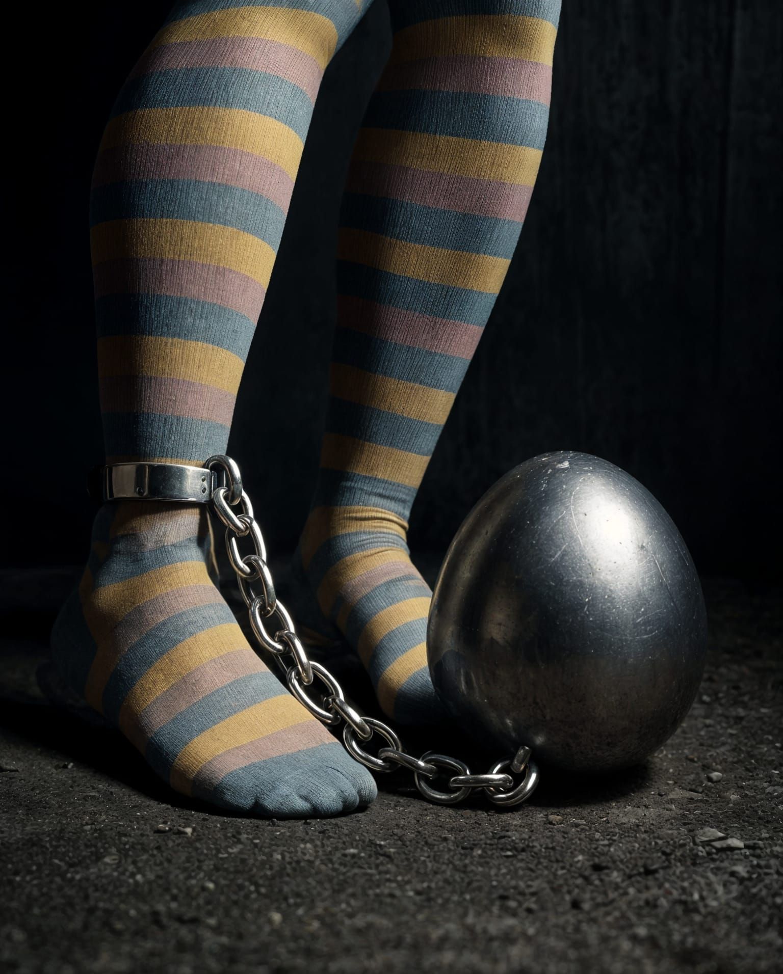 Moody photograph of woman's legs in Easter themed striped ti...