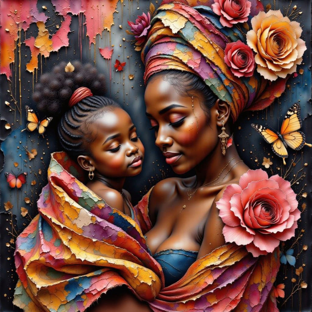 <lora:Watercolor accents:1.0> <lora:Watercolor Wash Fade:1.0> <lora:Roses Butterflies:1.0> A beautiful African woman with an elaborate vibra...