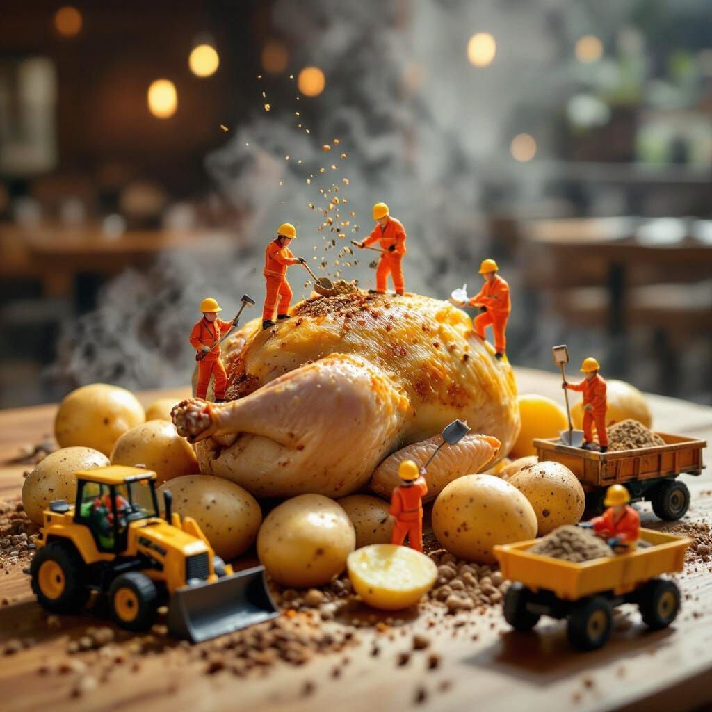 Miniature Workers Prepare Chicken and Potatoes in Restaurant