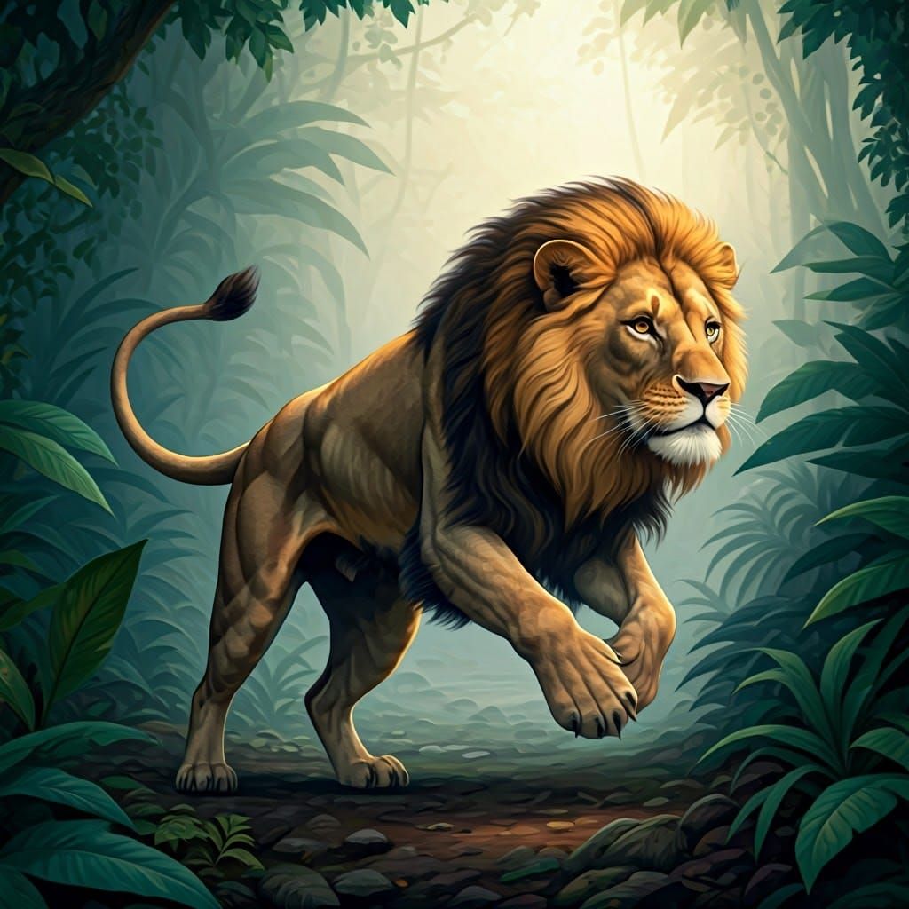 Majestic Lion in Jungle Underbrush