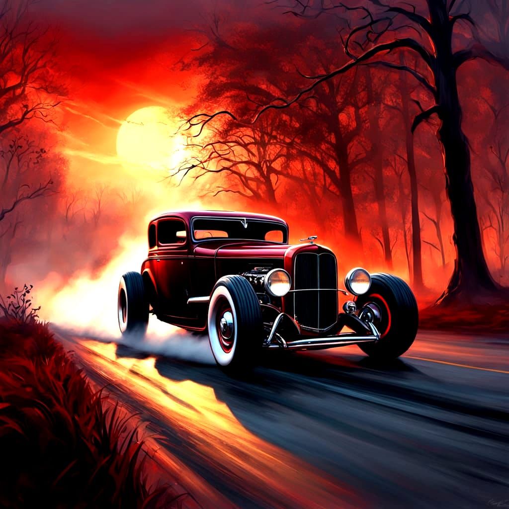Cherry Red 1932 Rat Rod in Digital Painting Style