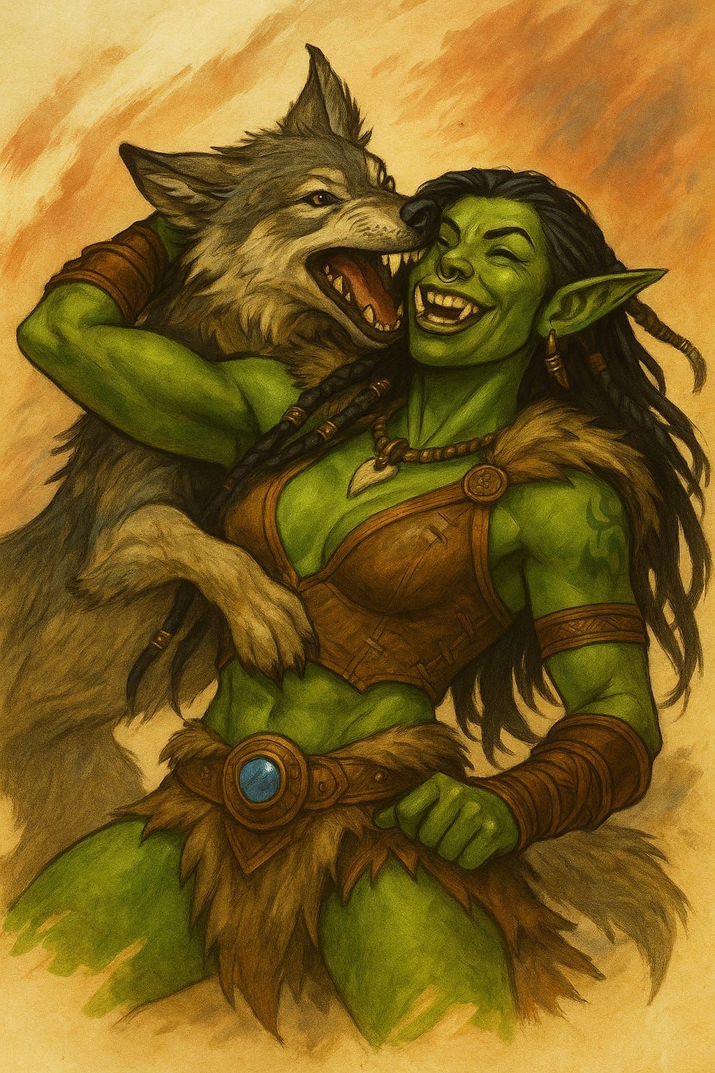 Female Orc with wolf companion