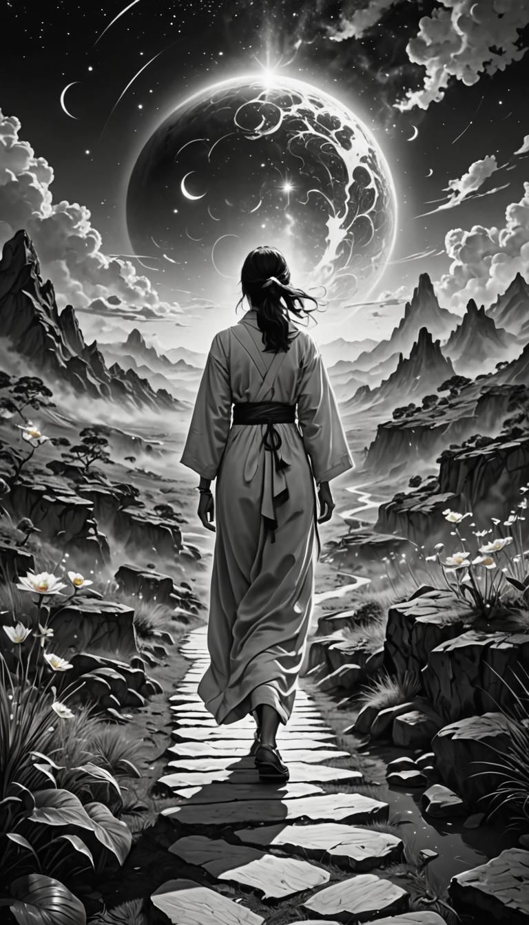 black and white. woman walking the spiritual path, ascension...