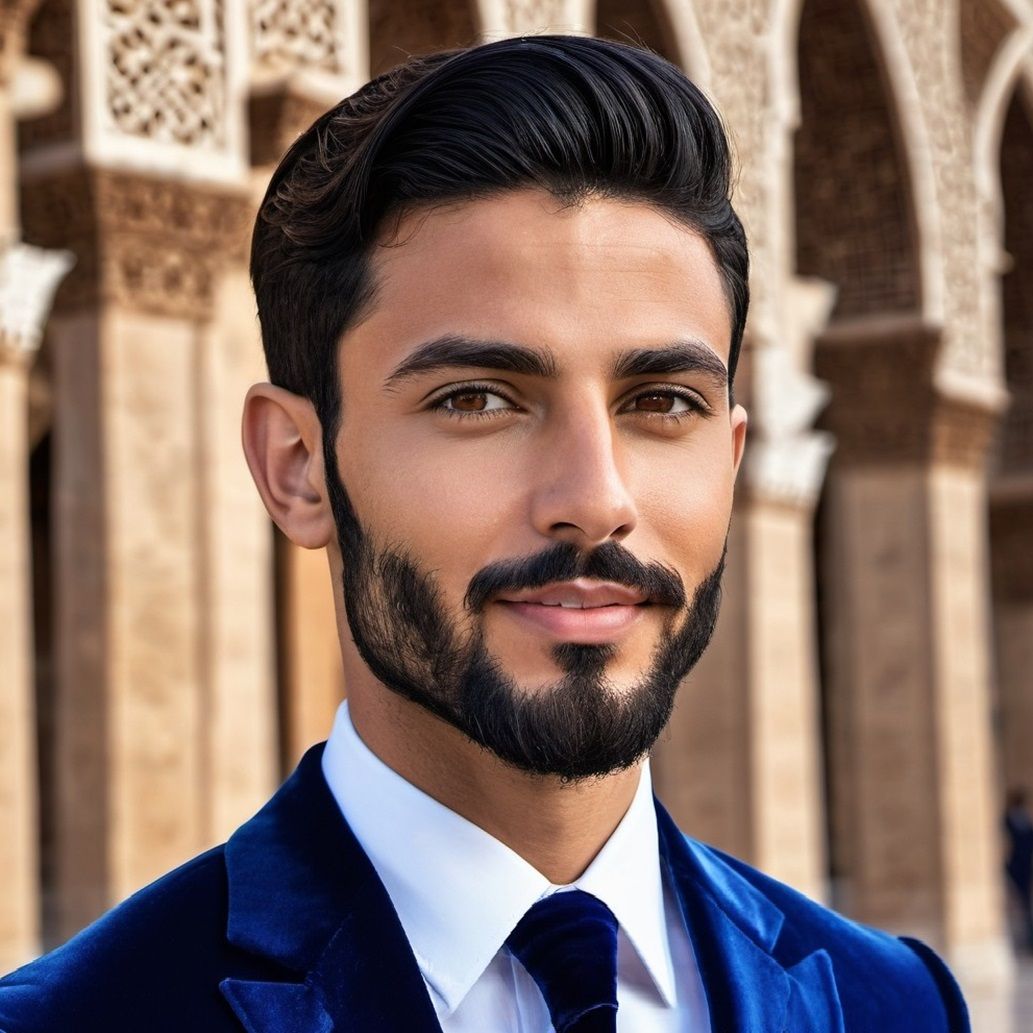 A handsome bearded man  wearing a blue velvet suit