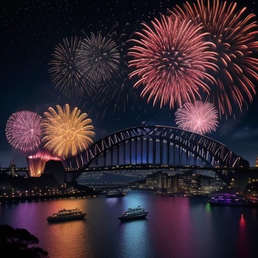 Sydney Harbour Bridge New Year’s Eve fireworks. Intense bright colours.
Opera House fireworks. Sydney ...  by @Kalpine