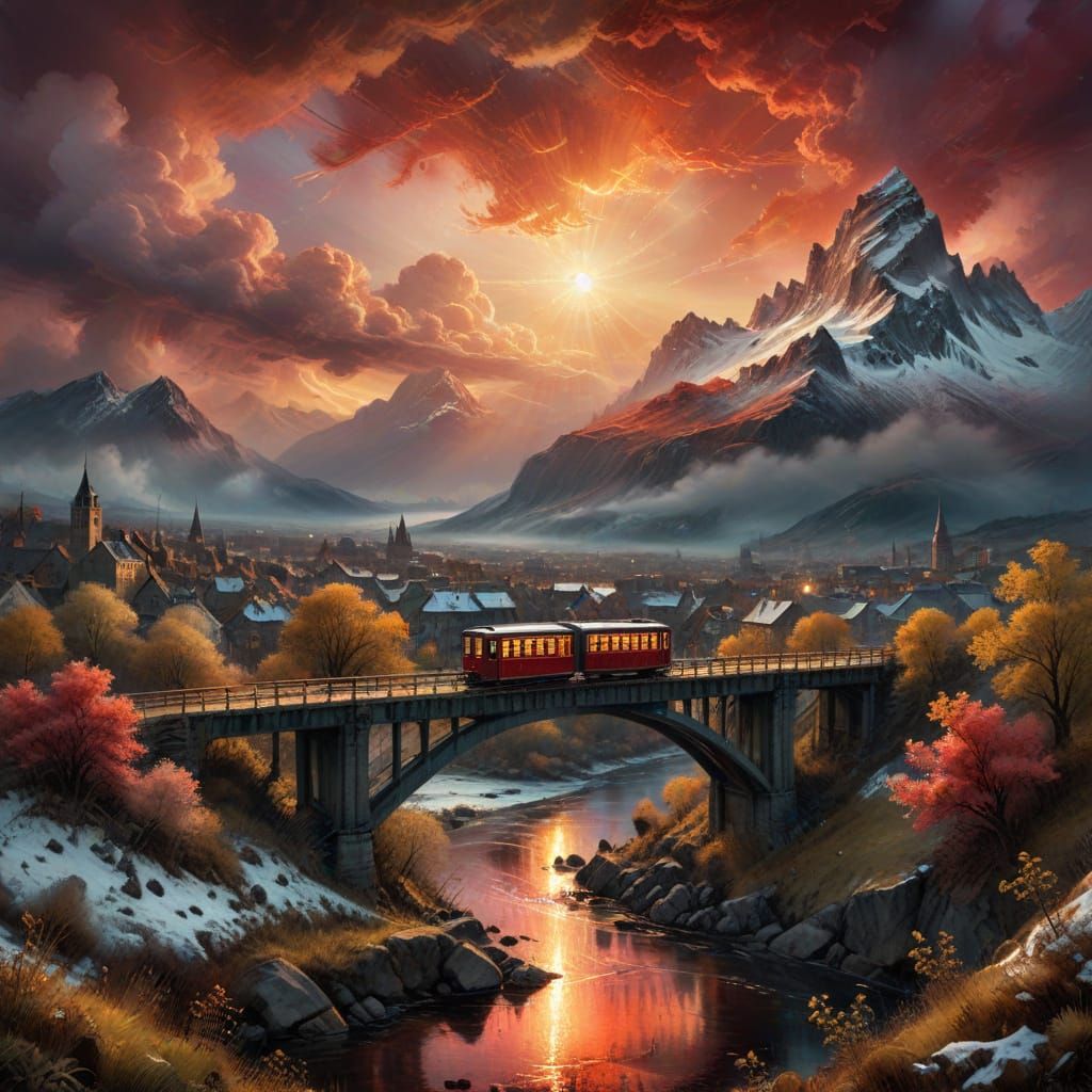beautiful majestic breathtaking winter snowy ice colorful alcohol ink whimsical glowing monstrous landscape of trams crossing bridge in over...