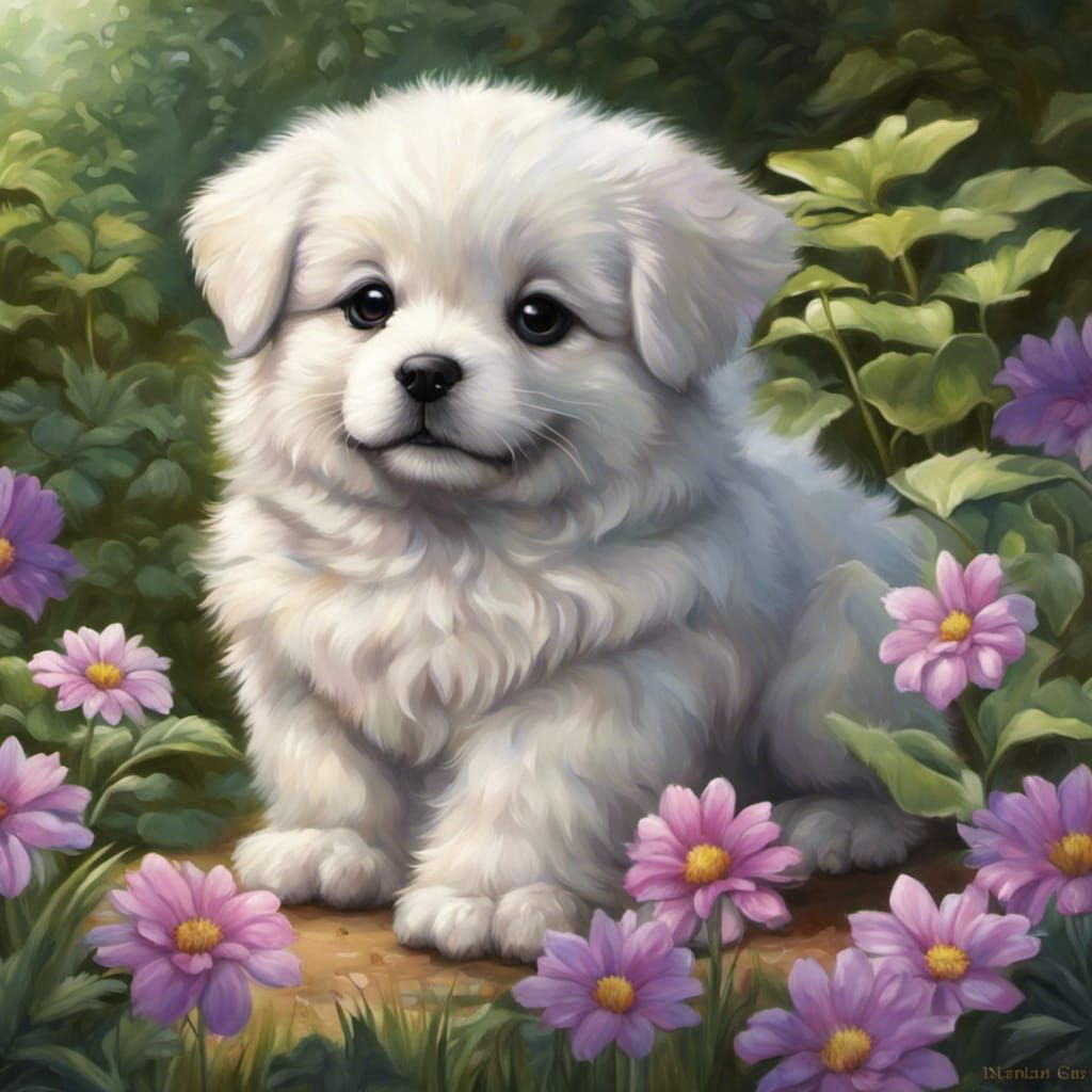 Cute Akbash puppy (Canis lupus) in garden #2 - AI Generated Artwork ...