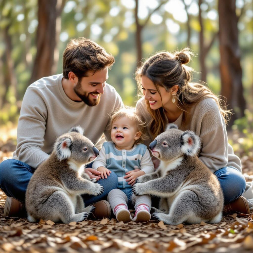 Ein elternpaar mit ihren Kindern beobachten Koalabären babys beim spielen