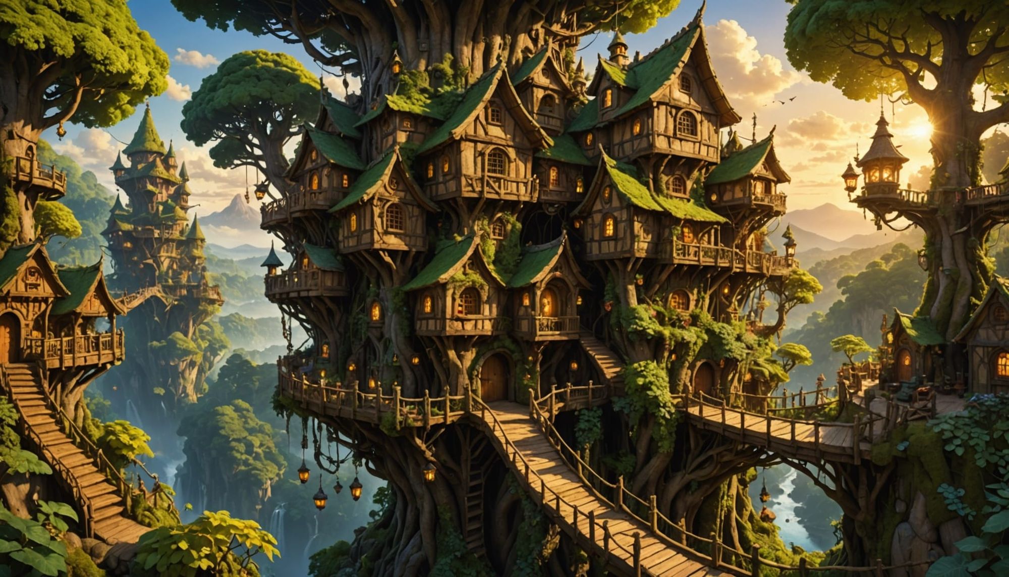 A vibrant fantasy village of multilevel treehouses nestled in a towering, ancient forest canopy under a golden sunset. Intricate treehouses ...