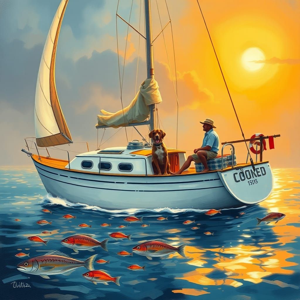Fishing in a yatch with pet Sheppard dog. Cozy evening, calm...