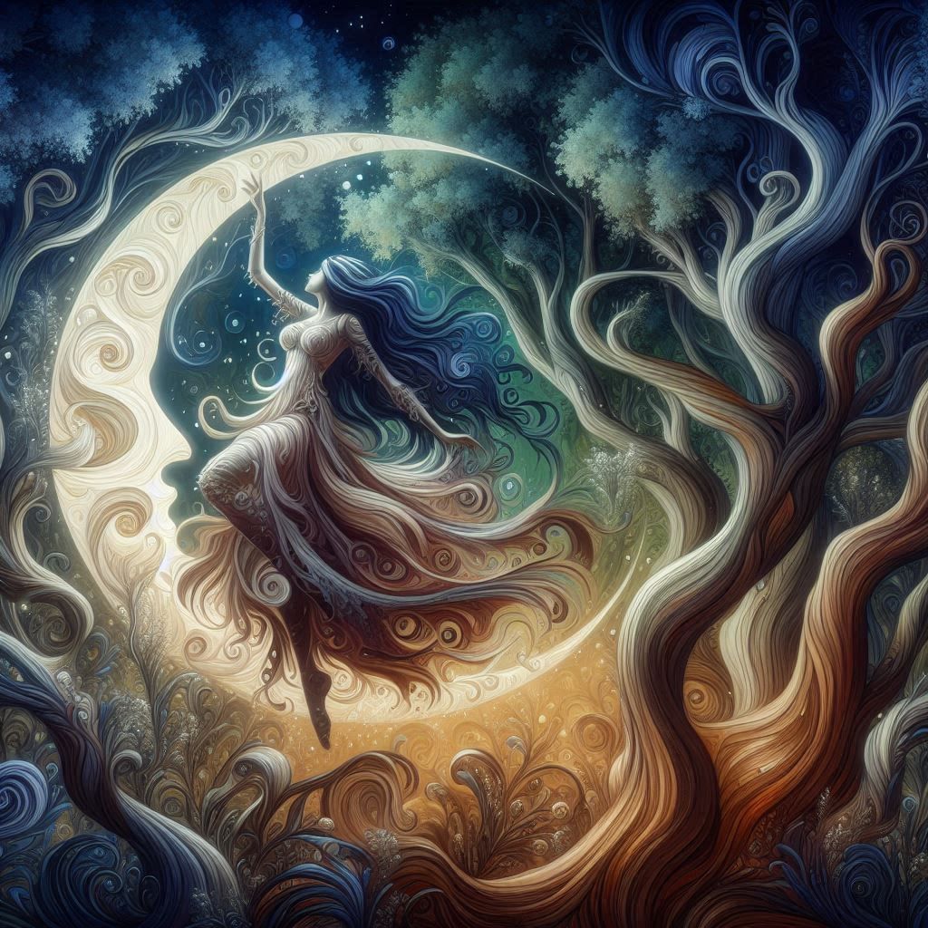 nature night forest, organic abstraction, moon pareidolia da...