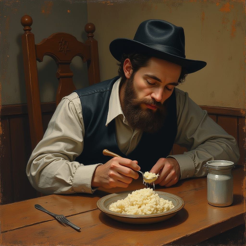 Chasid Eating Gefilte Fish: Warm, Cozy Painting