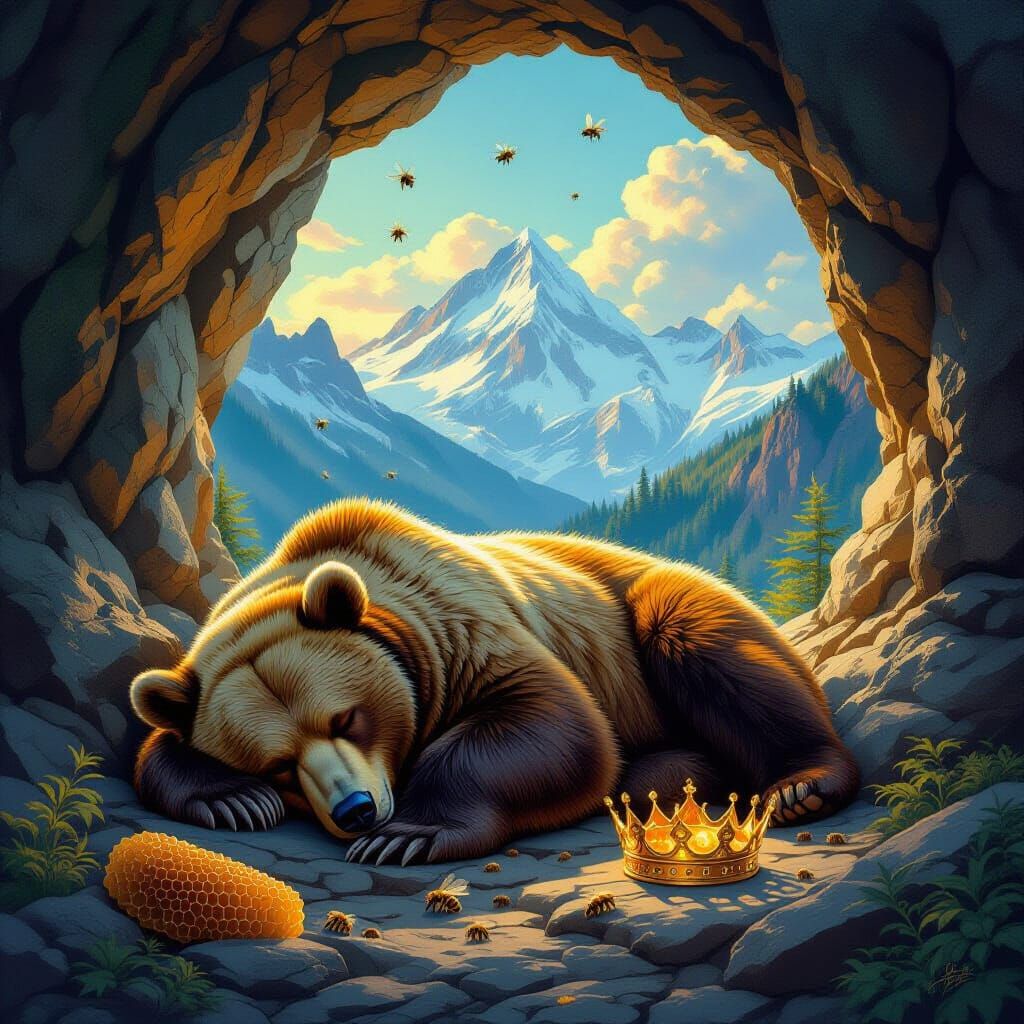 Majestic Bear Sleeps in Royal Cave Landscape
