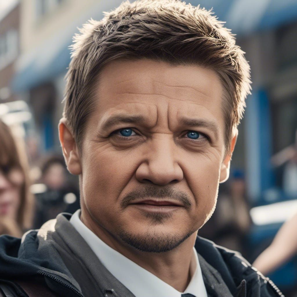 A highly detailed actor Jeremy Renner as a reporter outside of the police  station, longer hair, bright blue eyes, intricately detailed, <lo... - AI  Generated Artwork - NightCafe Creator