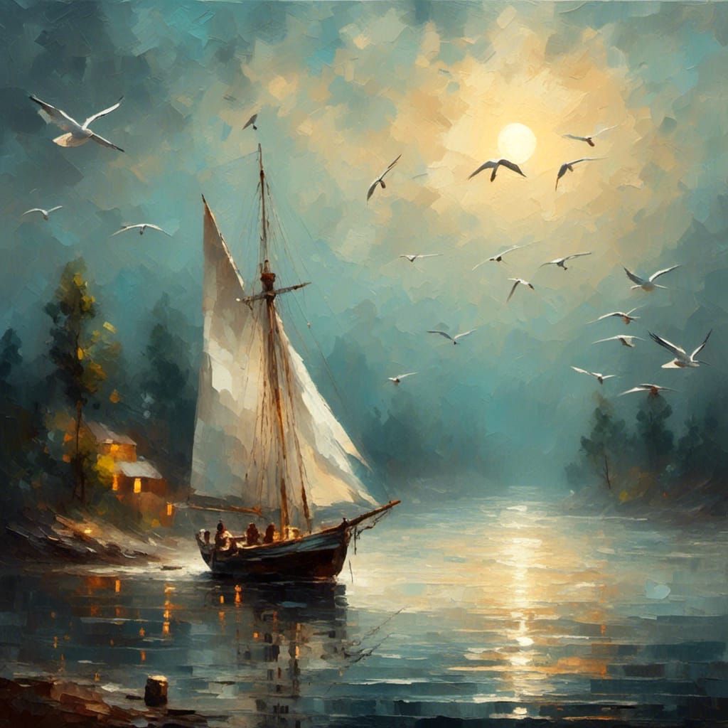 <lora:Intricate Oils:1.0> sailboat in a bay inlet at dusk under a misty full moon seagull flying in oil painting style 