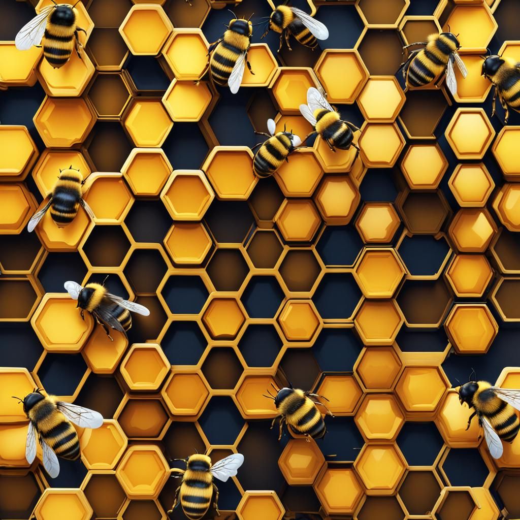Geometric, hexagonal honey comb. Bumble bees. 