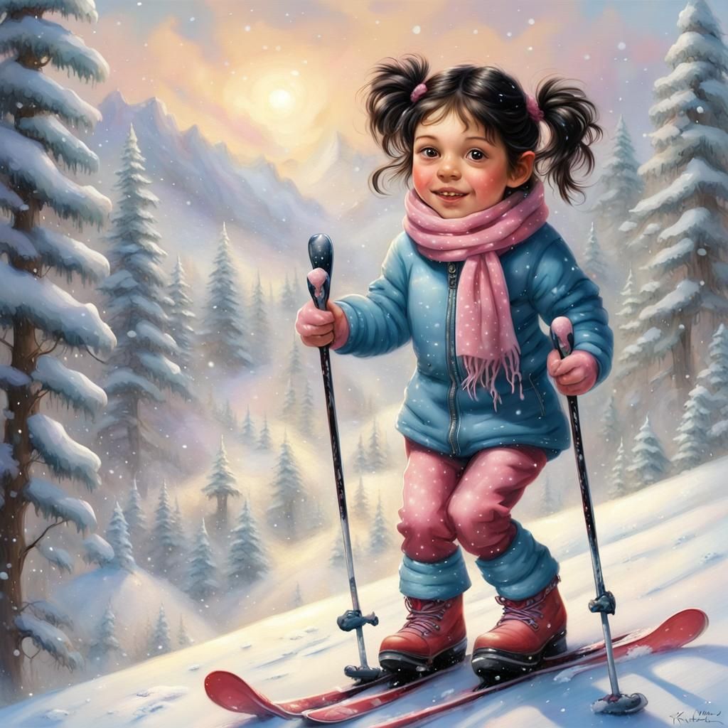 a little girl skiing. its snow ,here again, spring disapeare...