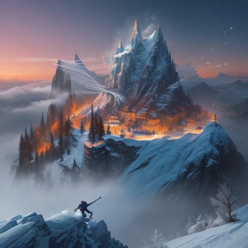 Ofer Snowboarding Down Mountain at Sunset