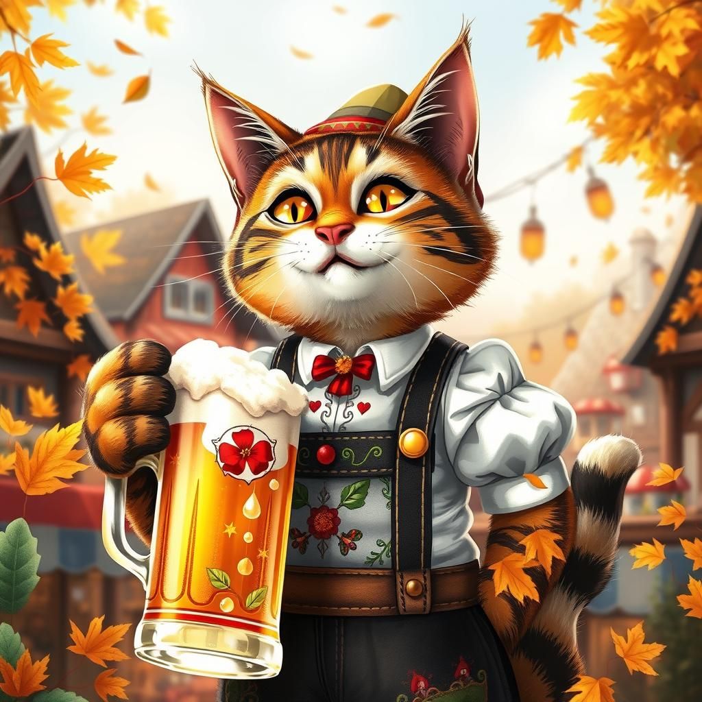 Anthropomorphic Cat Celebrates Oktoberfest in Digital Painti...