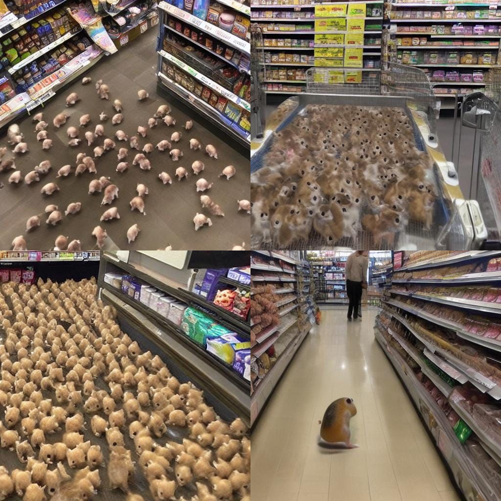 100 hamsters loose at a grocery store, CCTV still, high angl...
