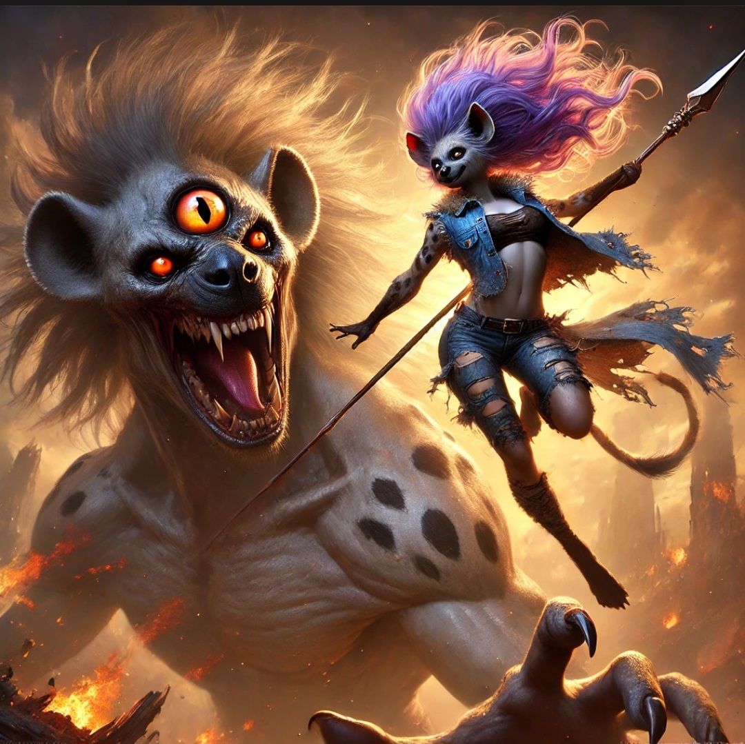 Scuzzy wields the Spear of Longinus against the Hyenaclops