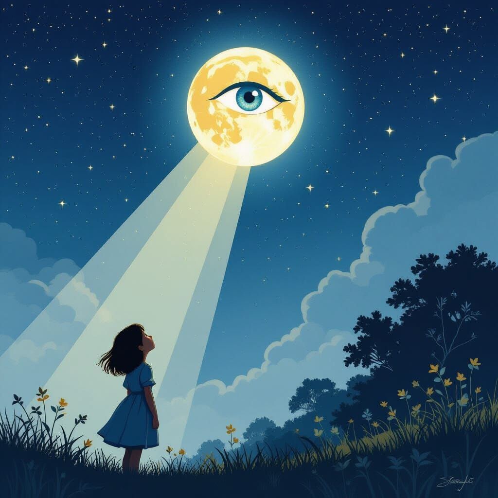 A lonely girl looking for the hope towards the moon while the moon answers her by shining in the sky. It's light falling on the earth leaves ...