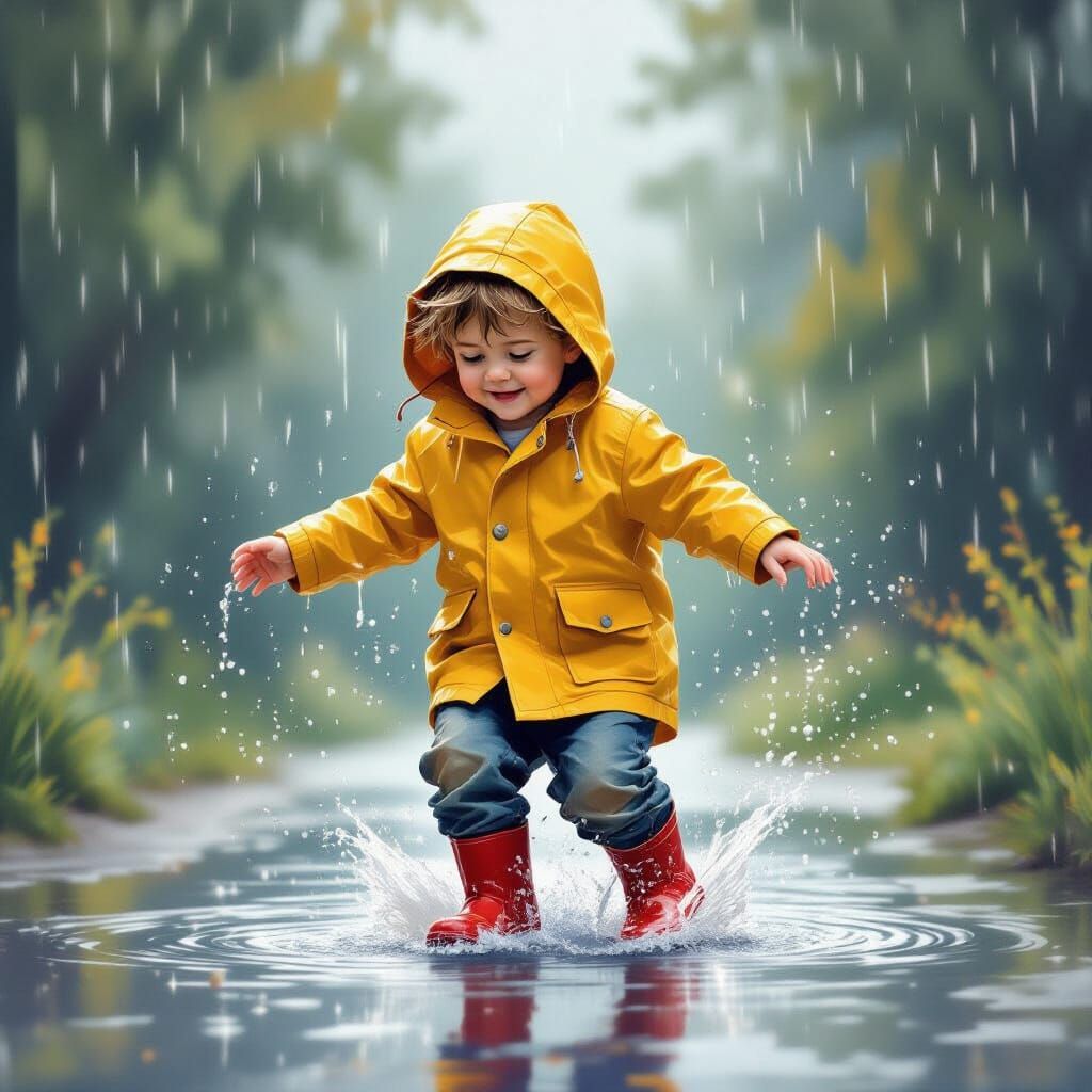 Joyful Boy Dancing in Rain, Whimsical Digital Art