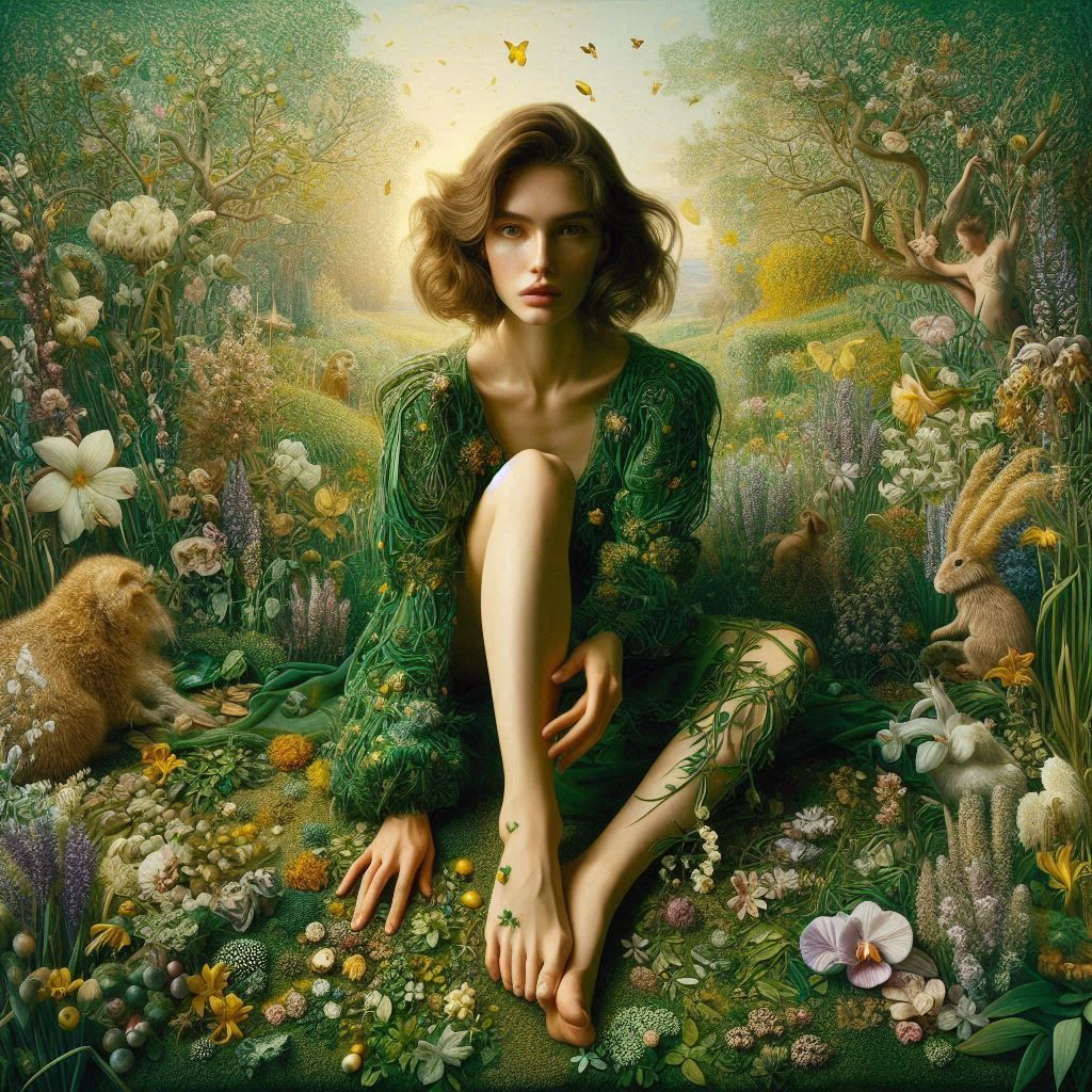 woman dressed in green flowering grass, barefoot