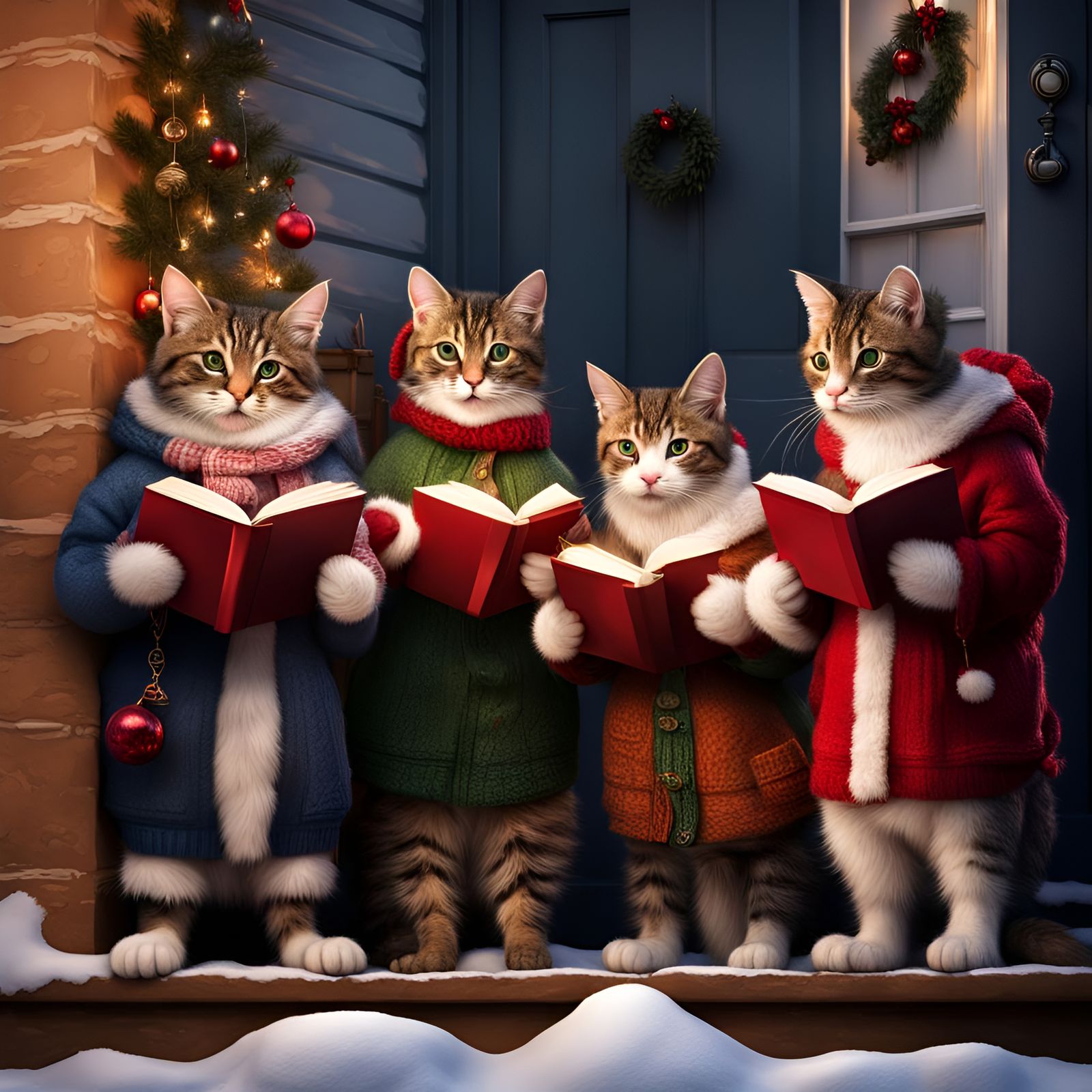 A group of cats dressed in warm clothing singing Christmas carols on the doorstep of a house