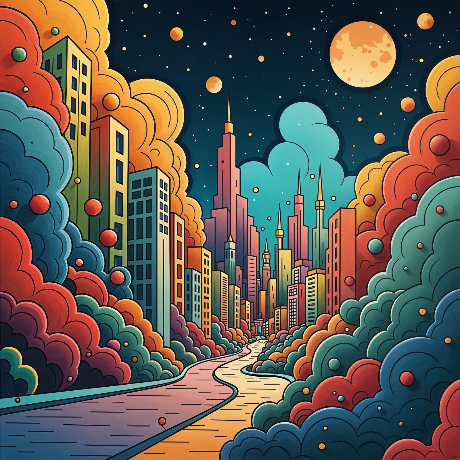 landscape featuring a cityscape with bold geometric shapes a...