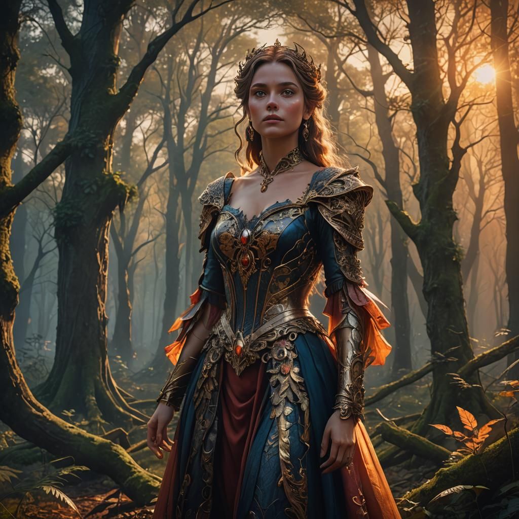 Artwork of a beautiful lady, sunset, in the middle of the wo...