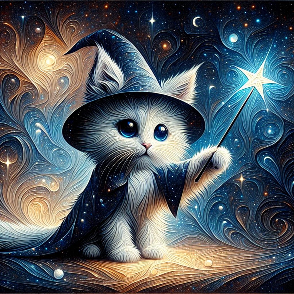 adorable anime anthro white cat wizard holding a wand, fantasy ...