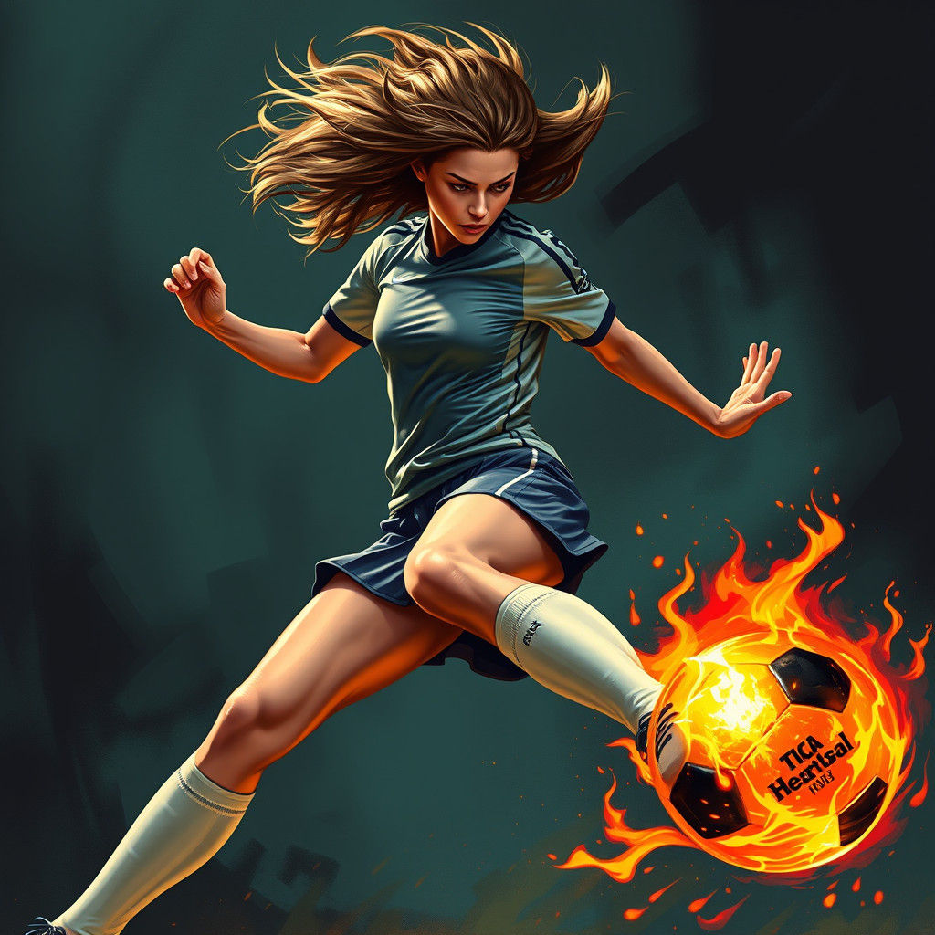 Woman shoots a soccer ball made of fire in dynamic action