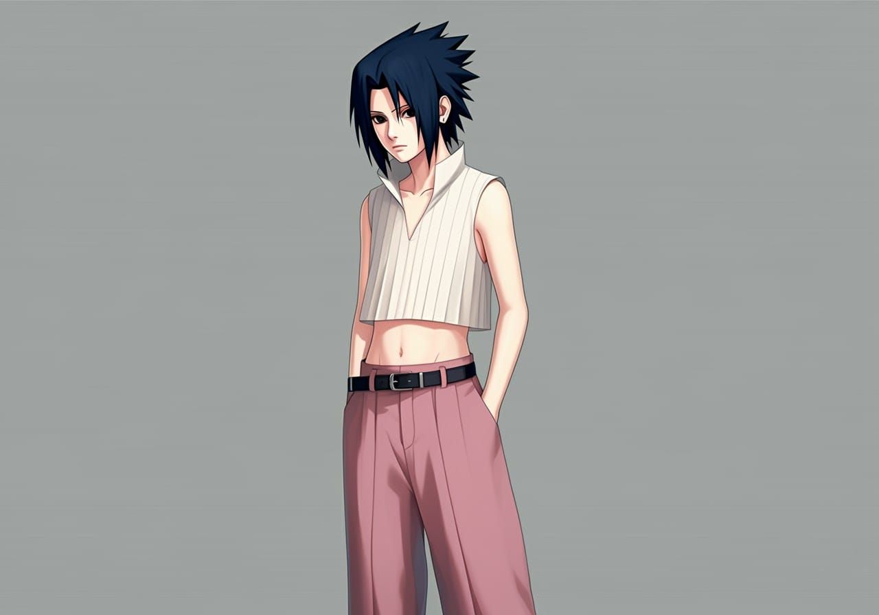 Sasuke Uchiha stands with a relaxed confidence in a sleek, m...