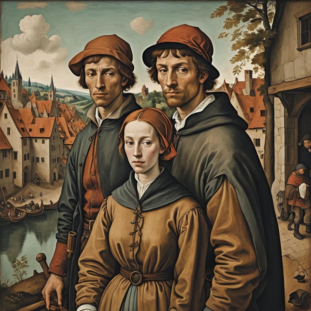  painting of A young man and young woman in the style of pie...