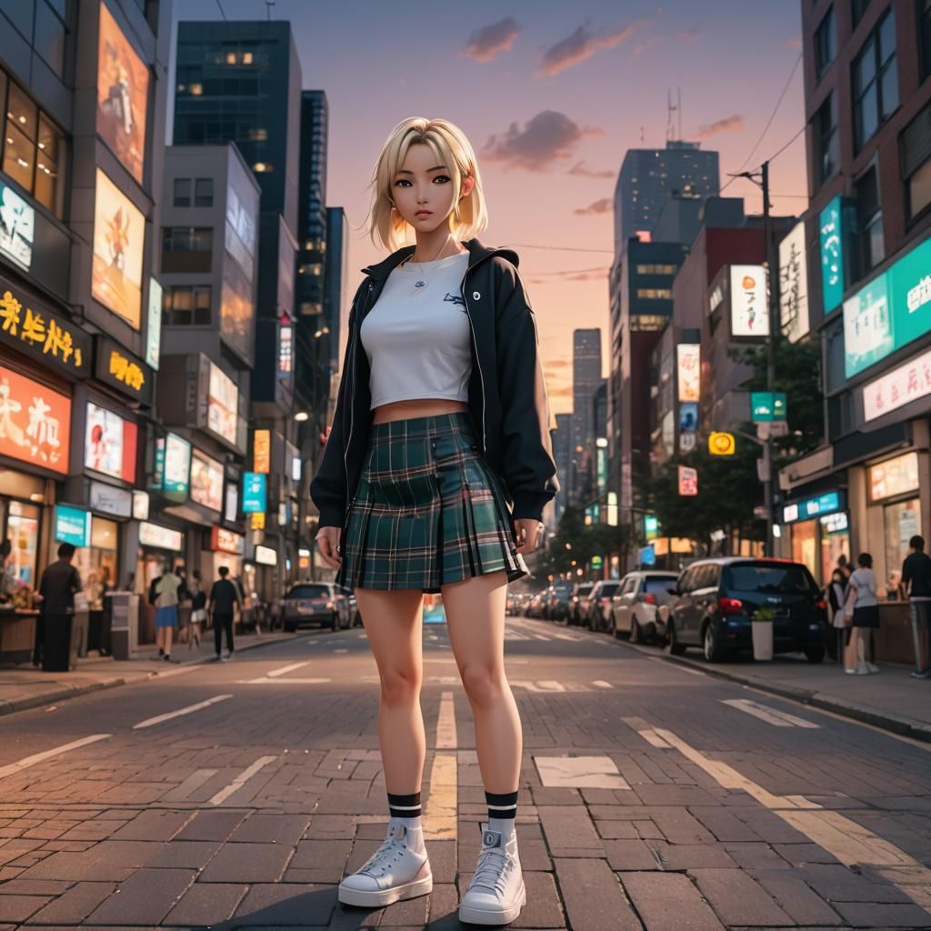 Full length shot of a beautiful young Asian woman with blonde hair wearing a very short and tight tartan mini skirt and a very very tight al...
