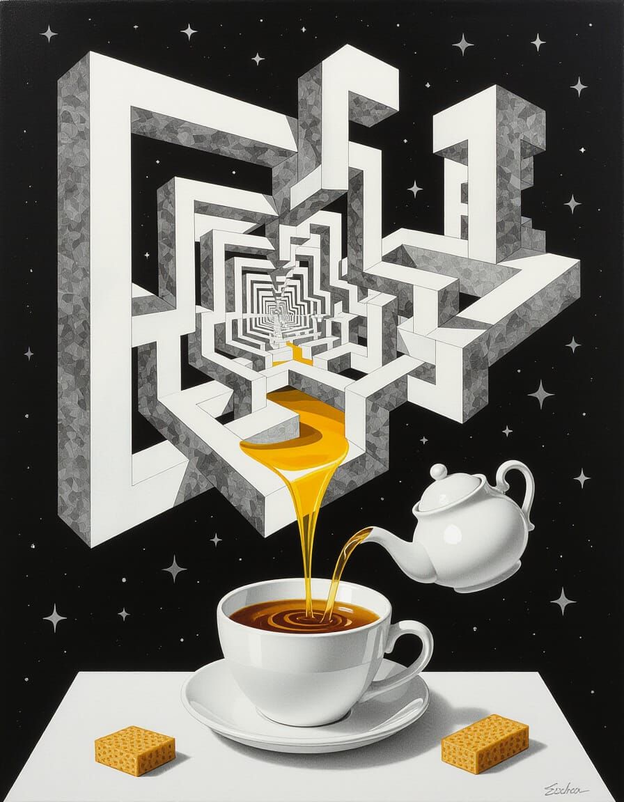 Surreal M.C. Escher  breakfast   by @Poemata66
