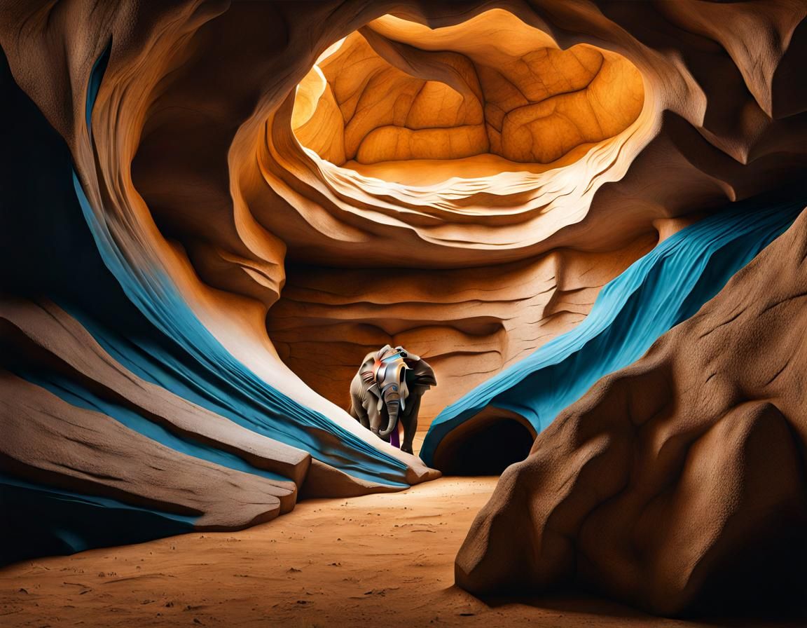 Elephant in Cave: Hyperrealistic Studio Photograph