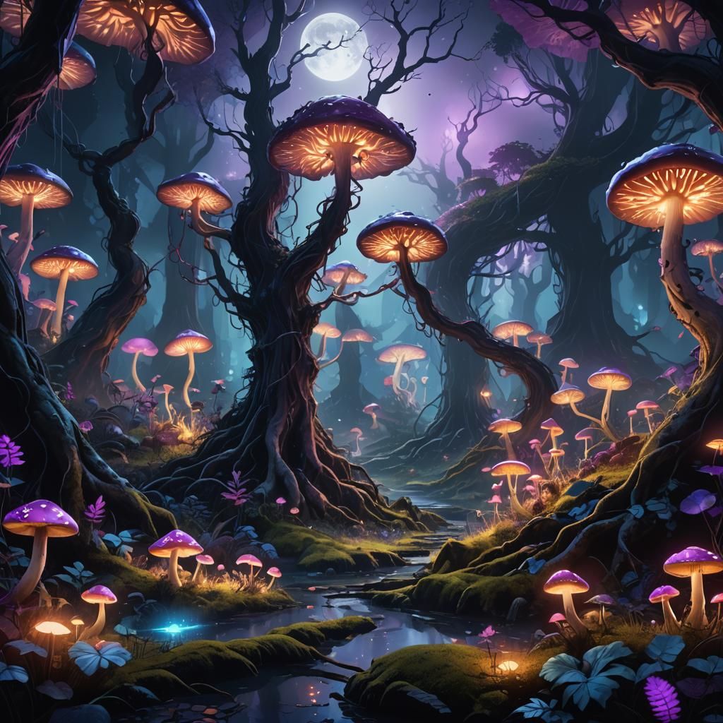 Mystical Forest with Glowing Mushrooms in Fantasy Concept Ar...