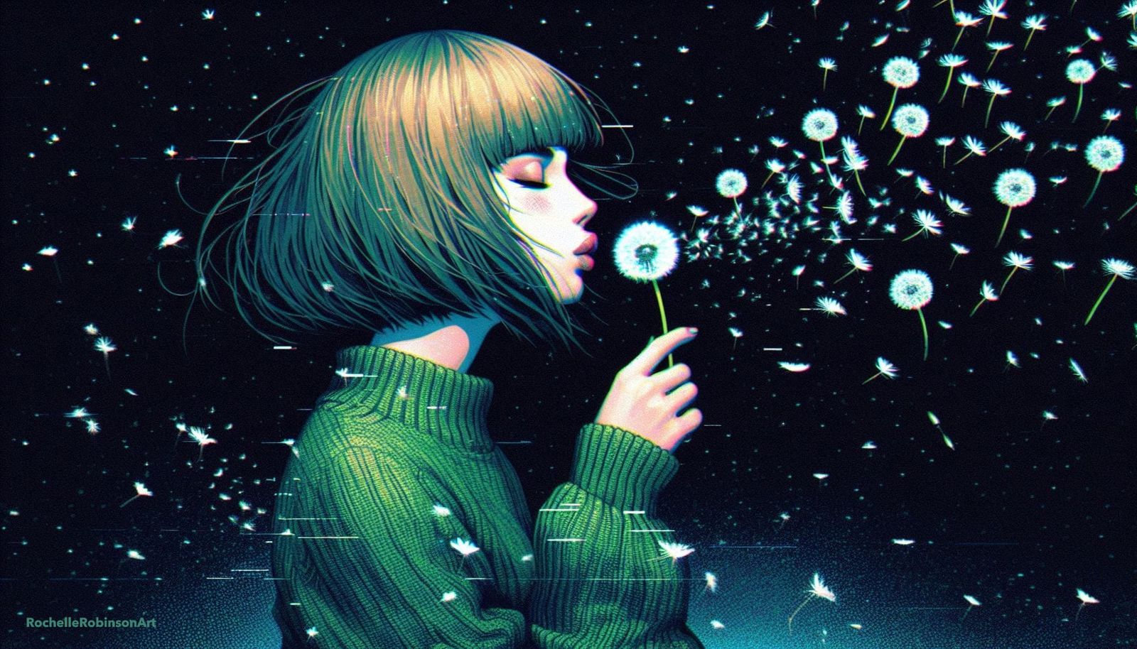 Woman and Dandelions - Glitch Art