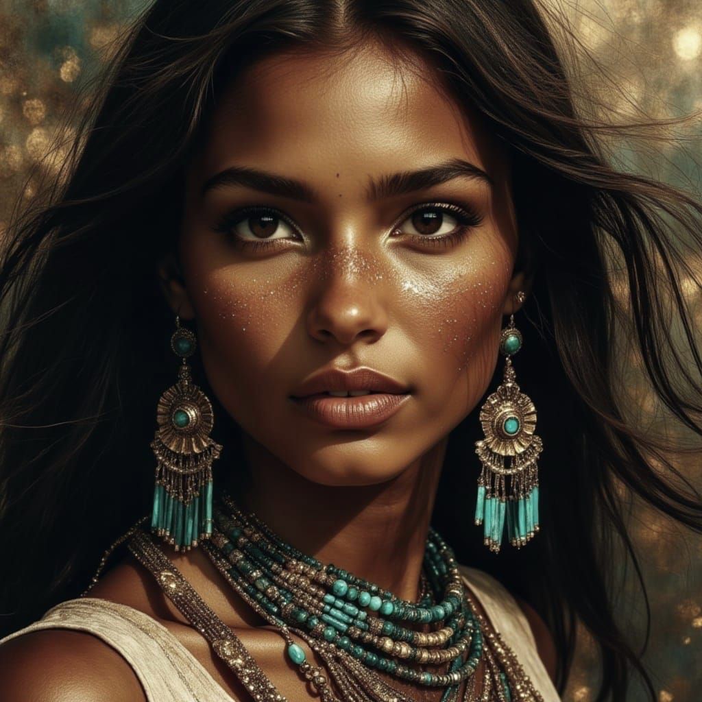 <lora:DreamweaverFlux:1.0> A beautiful portrait is Native American woman with glowing bronze skin. She is wearing gorgeous turquoise and bea...