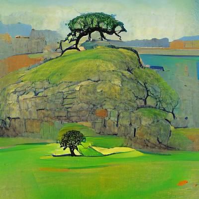 Oak tree on a grass hill at down Picasso