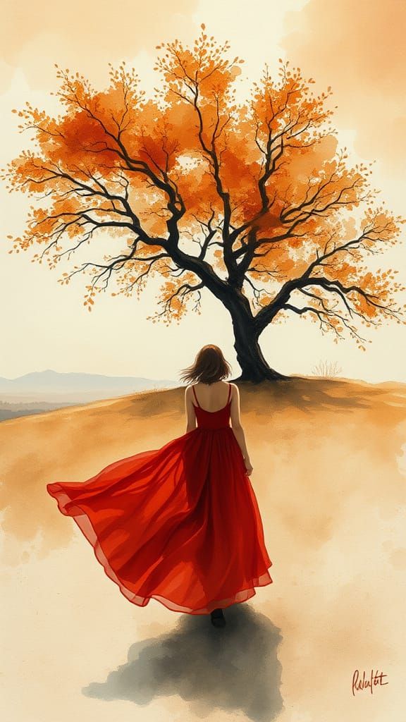 Under autumn skies, she walks into endless winds, shadow fades to song. Dreamy hazy breezy style watercolor painting. Wet-on-wet impressioni...