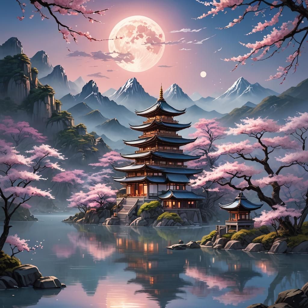 A beautiful Buddhist Zen temple up on a mountain overlooking a lake landscape and a sakkura tree before ...  by @Elnauriell