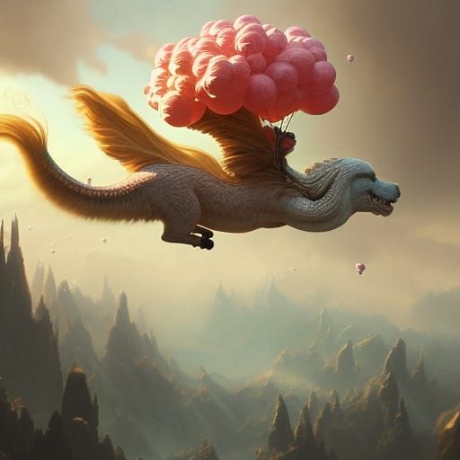 Falcor from Neverending Story Flying with Fairy Floss  by @Daphne