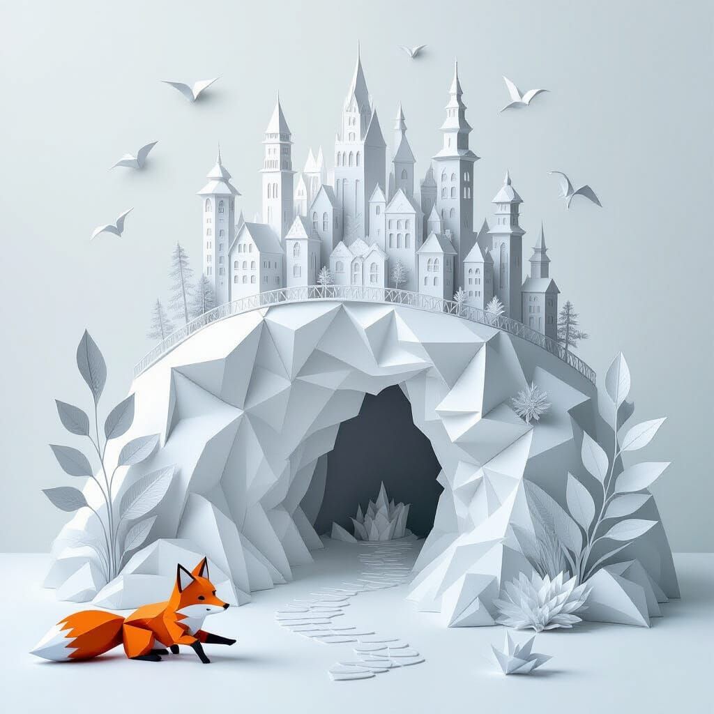 Гиперреализм, много детализированное изображение. Фантазийная сцена, полностью созданная из бумаги. Смешанная техника — квиллинг, бумажный к...